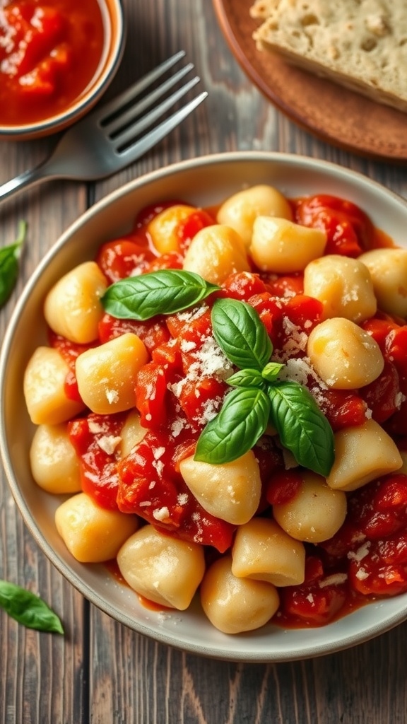 A plate of potato gnocchi topped with tomato sauce and Parmesan cheese, garnished with basil on a wooden table.